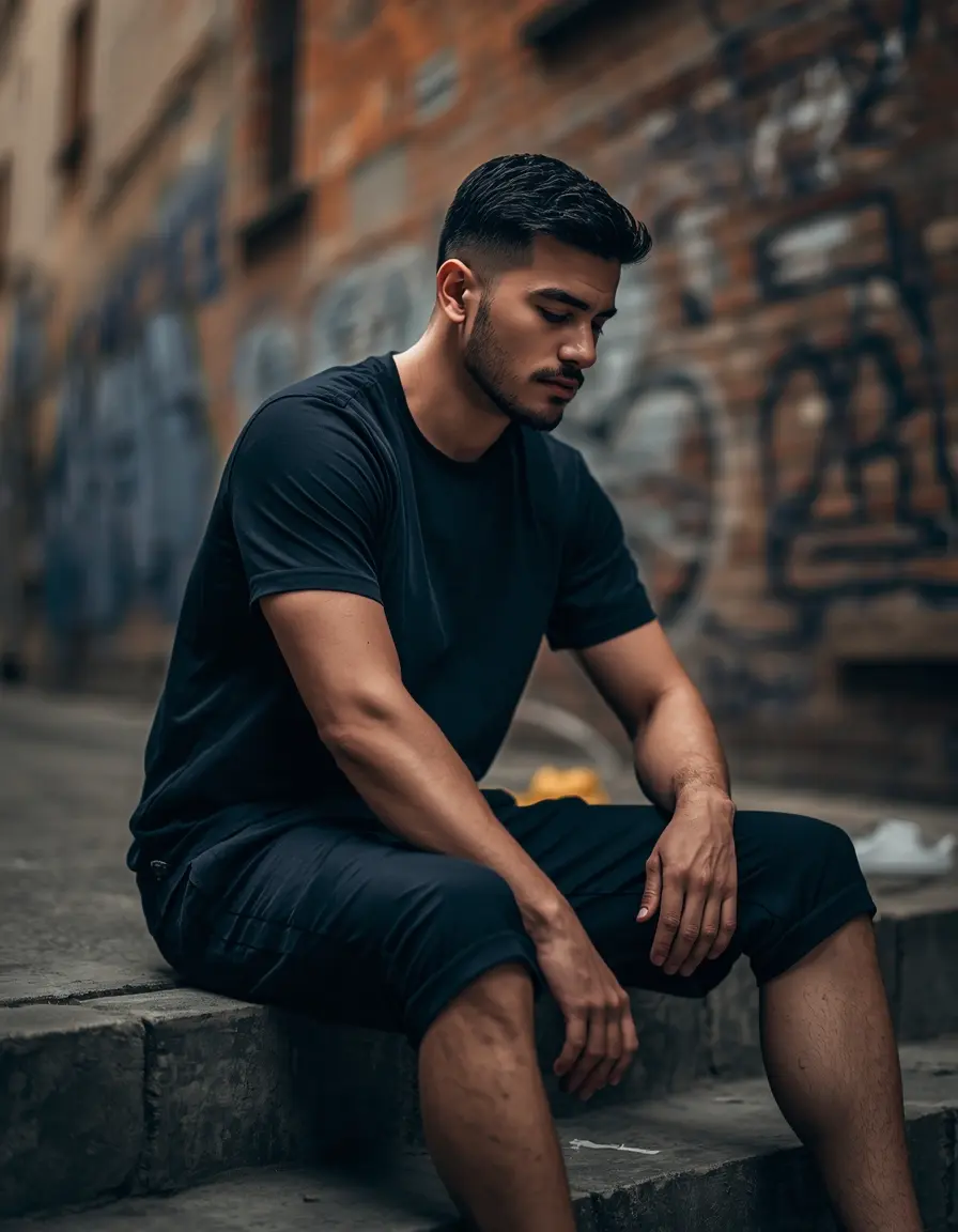 Lucid origin A candid documentary style photograph of a male model with a short beard sitting