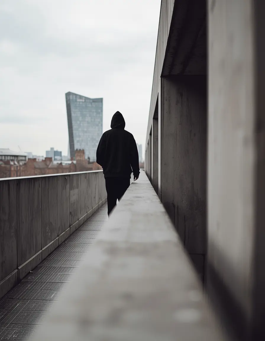 Lucid origin A candid street style photograph of a person walking across a modern concrete br